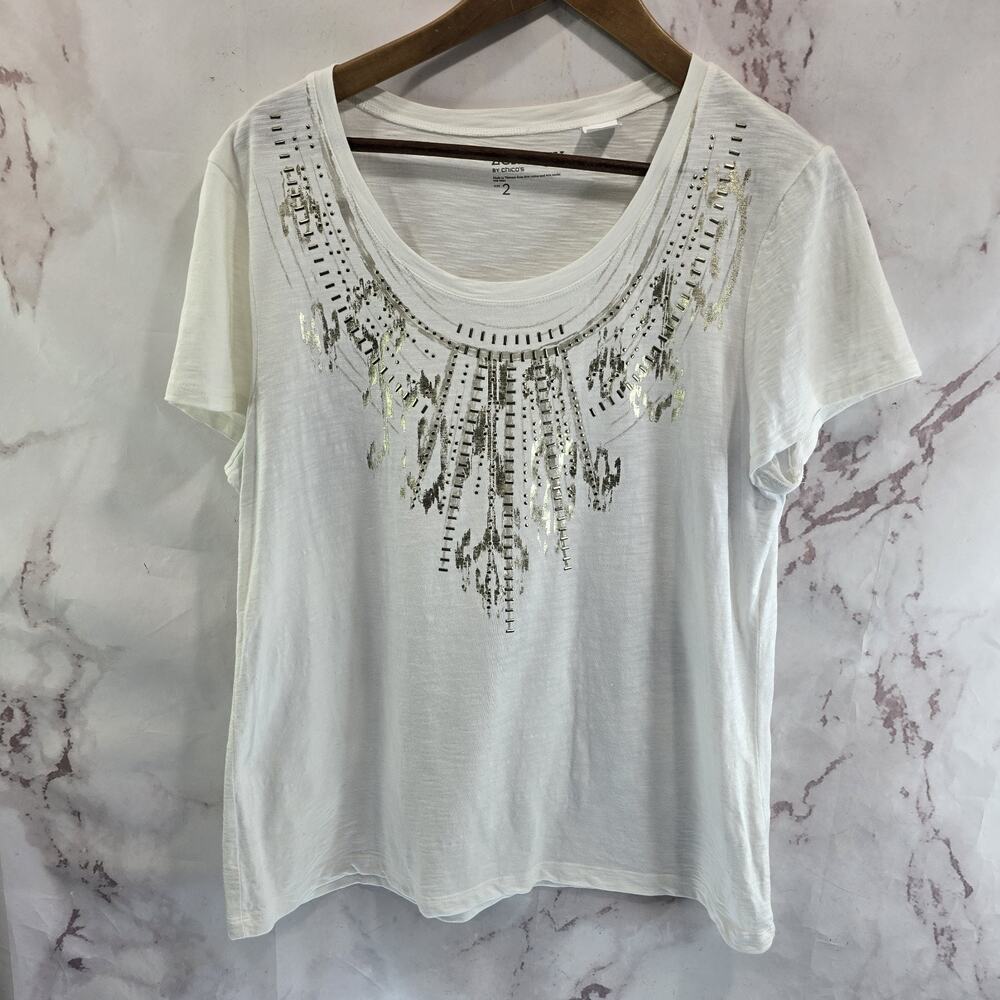 Chicos T Shirt Women Large 2 White Zenergy Tee Short Sleeve Studded Metallic